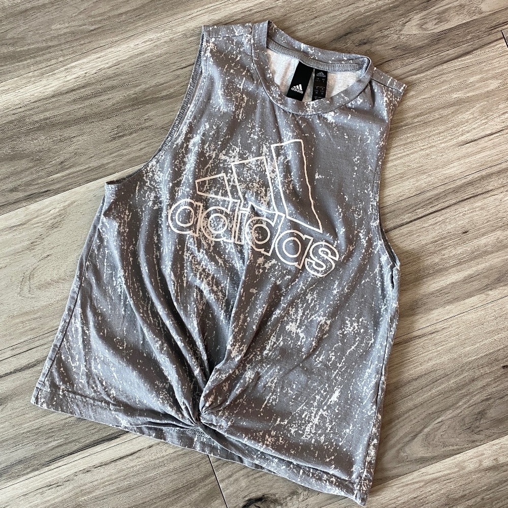 Adidas Twist Front Logo Crop Tank Acid Wash Grey Size S